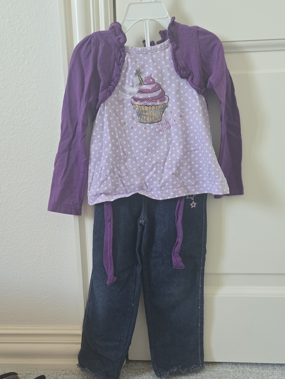 Girls' Purple Polka Dot Cupcake Long-Sleeve Tee With Coordinating Jeans